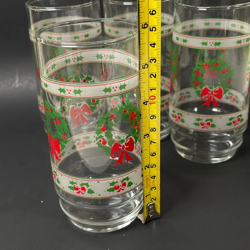 Vintage Indiana Victoria‎ Christmas 4 Glasses Holly Wreath Red Bow Tumblers